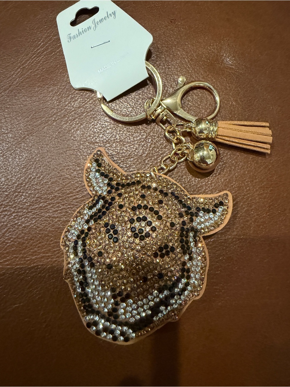 NWT! Rhinestone Tiger Head Keychain Tassel Charm - Gold
